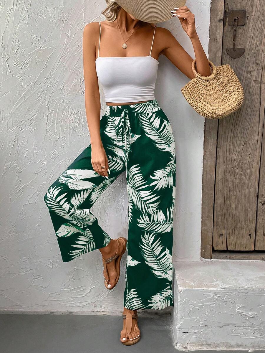 SHEIN Frenchy 女款隨機印花簡約日常風格束腰長褲，度假裝 - 墨綠色 - 查看 1