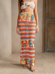 Anewsta 女士海滩度假条纹拼色镂空针织超长罩衫裙夏季 - 白色 - 查看 5