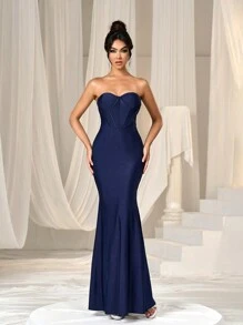 Faeriesty Backless Mermaid Hem Tube Formal Dress Elegant Prom Evening Wedding Guest Gown, For Graduation, Dinner Party Dress - Màu xanh hải quân - Xem 5