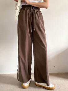 DAZY Ladies' Casual Side Striped Printed Drawstring Waist Pants With Pockets - Brown - View 3