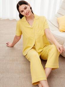 LUVLETTE Conjunto de pijama largo básico de mujer dama de honor de algodón suave y modal color amarillo jengibre. Juegos de salón para mujer con pantalones con bolsillos