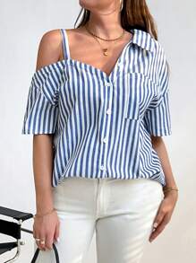SHEIN Essnce Plus Size Women's Striped Printed Simple Daily Shirt - Multicolor - View 3