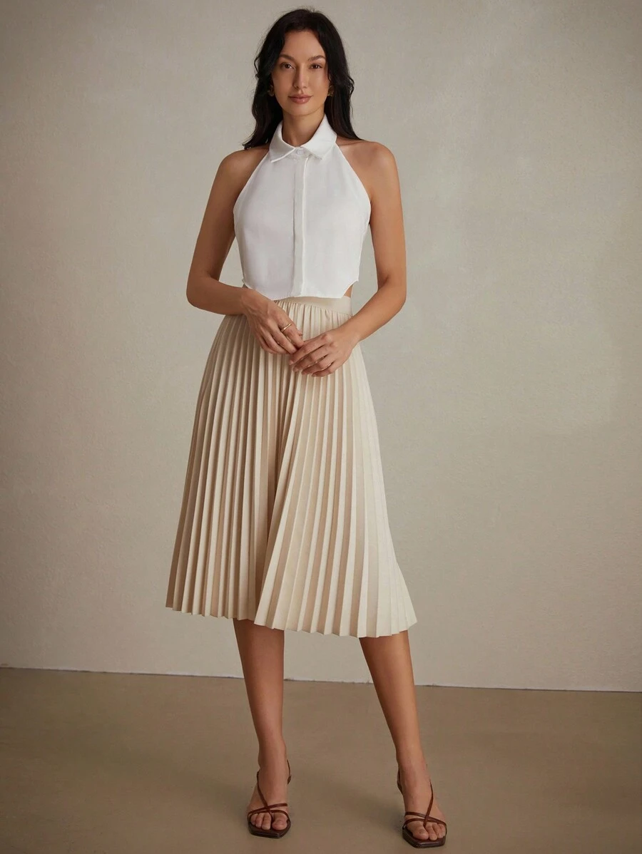 SHEIN Privé Women's Summer Sexy Solid Color Halter Neck Backless Top - White - View 1