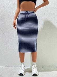 SHEIN EZwear 海軍藍條紋針織女裙 - 藏蓝色 - 查看 6