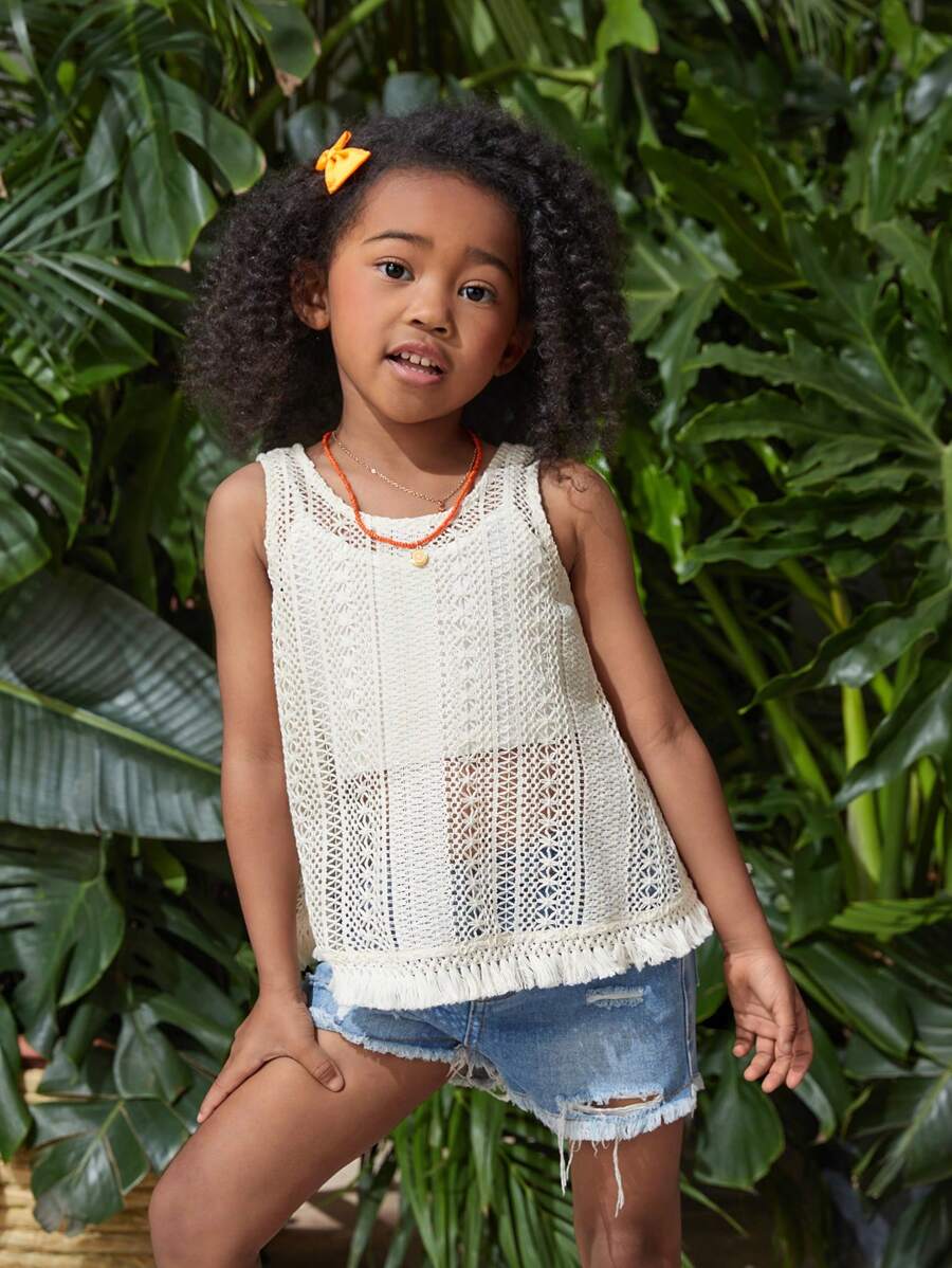 SHEIN Young Girl Knitted Solid Color Hollow Out Fringed Tank Top, Perfect For Summer Vacation - Apricot - View 1