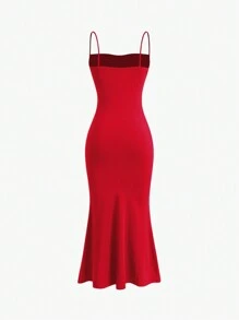 Sweetra Váy Maxi xếp ly đơn giản hàng ngày màu trơn cho nữ cho trang phục năm mới - Đỏ - Xem 2