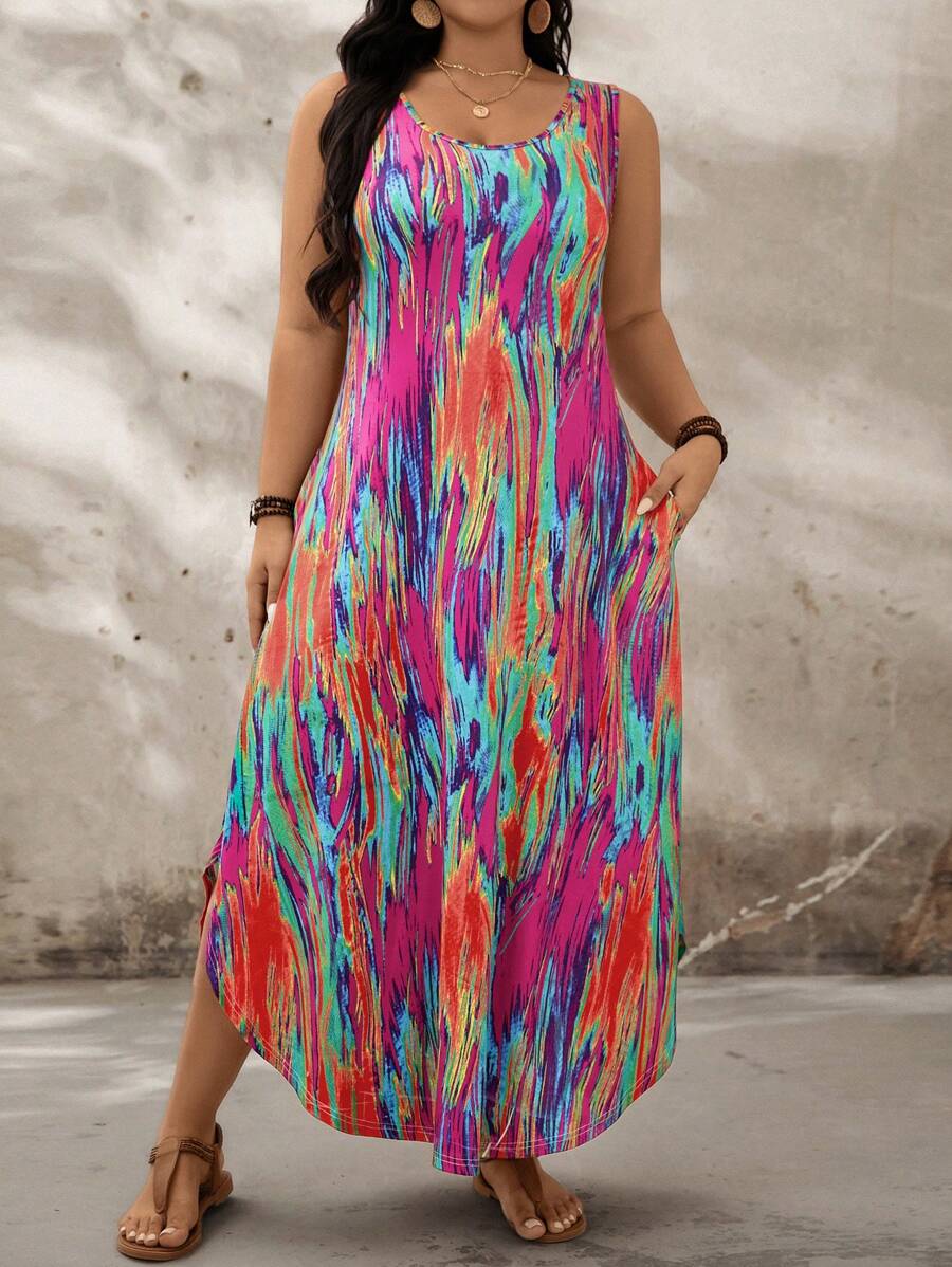 SHEIN LUNE Cộng với kích thước áo dài không tay cổ tròn đầy màu sắc trừu tượng in dài - Nhiều màu - Xem 1