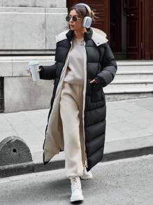 EURMUSE Long Puffer Coat With Two Big Pocket And Hoodie