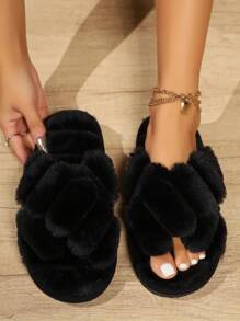 Fall/Winter Women Fur Crisscross Slippers, Open Toe Indoor Non-Slip House Slippers, Fashionable 3D High-End Women Slippers,Fluffy Slippers - Black - View 4