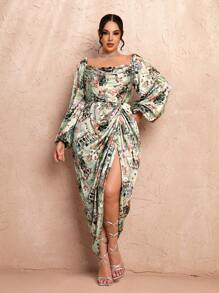 SHEIN BAE Vestido suelto de satén con escote cuadrado, mangas abullonadas, manga larga y abertura lateral en la pierna con patrón floral, talla grande