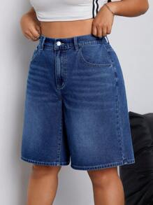 SHEIN EZwear Plus Size Women's Wide Leg Bermuda Denim Shorts With Pockets - Blue - View 1