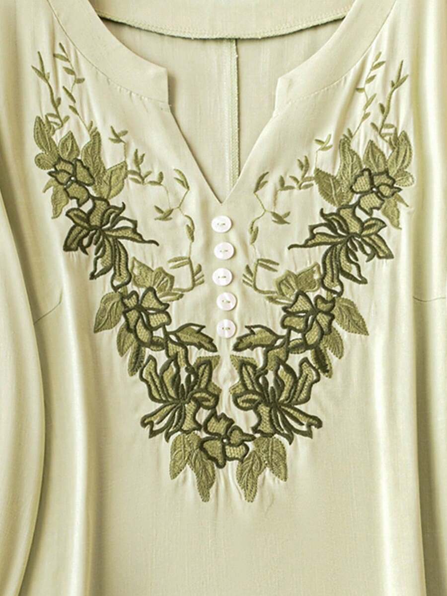 SHEIN LUNE Camisa para mujeres elegante de manga larga con cuello de muesca y bordado floral, ideal para verano - verde menta - Ver 1