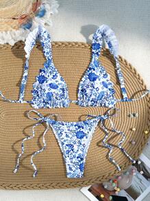 SHEIN Swim 女式花卉印花荷葉領比基尼套裝，荷邊修飾，夏季海灘泳裝 - 藍色 - 查看 1