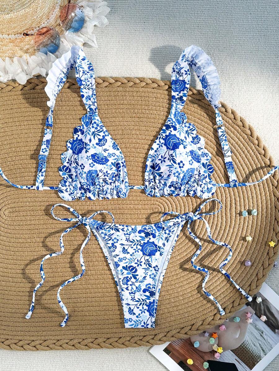 SHEIN Swim 女式花卉印花荷葉領比基尼套裝,荷邊修飾,夏季海灘泳裝 - 藍色 - 查看 1