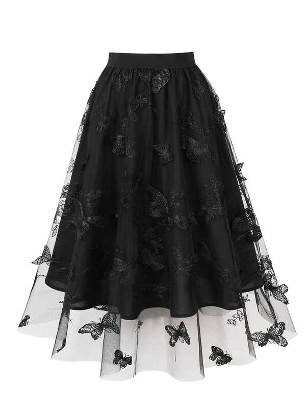Butterfly Appliques Mesh Overlay Skirt For Summer
