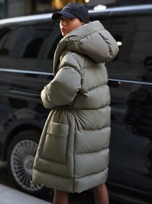 EURMUSE Flap Pocket Drawstring Waist Hooded Puffer - Khaki - View 2