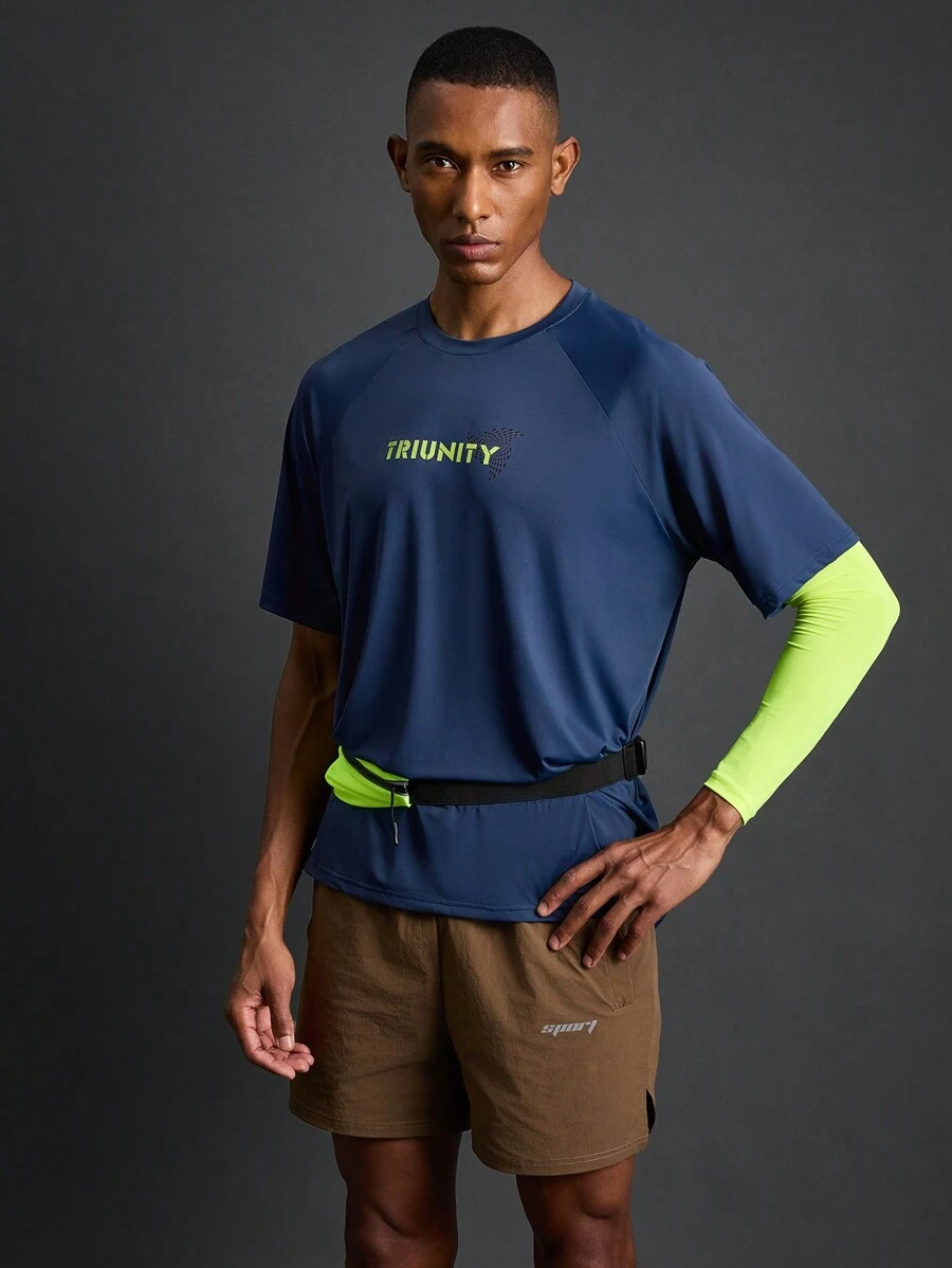 Manfinity Sport Corelite 男友风男士圆领字母印花休闲运动T恤，夏季 - 藍色 - 查看 1