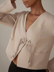 Aveloria Modichic Plain Chinese Style Elegant V-Neck Long Sleeve Suit Jacket With Traditional Button - Khaki - View 2