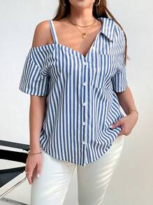 SHEIN Essnce Plus Size Women's Striped Printed Simple Daily Shirt - Multicolor - View 4