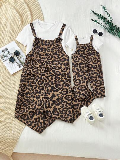 新生兒女寶寶豹紋無袖連體褲，休閒可愛，適合母親-女兒裝