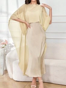 Modelyn 女士纯色简约夏季吊带连衣裙和蝙蝠袖夹克两件套 2 件套 - 香檳色 - 查看 4