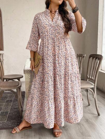 SHEIN LUNE 大码女式秋冬碎花复古长裙感恩节女士连衣裙节日装节日派对连衣裙加大码连衣裙