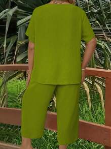 Top de manga corta y pantalones de pierna ancha de un solo color talla extra - Verde - Ver 2