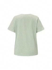 SHEIN TaskFit Women's Striped V-Neck Short Sleeve Top And Pants Casual Business Suit, Scrub Set - Green - View 11