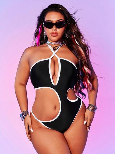 Swim EVENT Plus Size Summer Beach Halterneck Color Block Cutout One-Piece Swimsuit With Embroidery Trim