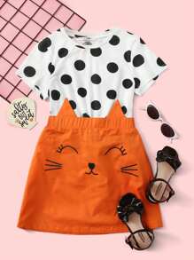 SHEIN Tween Girl Polka Dot Print Top & Triangle Trim Cartoon Embroidered Skirt Set - Orange - View 1