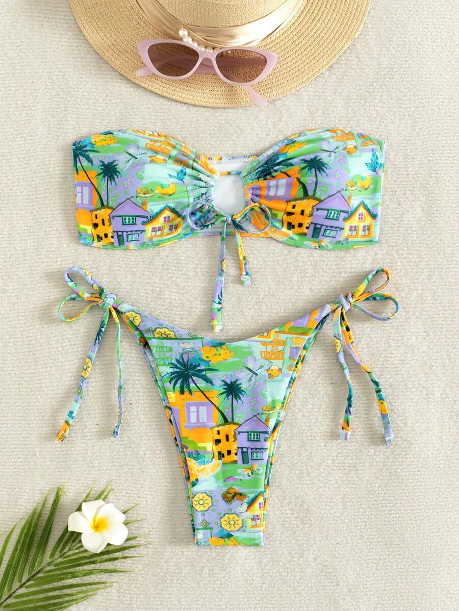 Women's Summer Beach Palm Tree Printed Front Knot Bandeau Bikini Set - Multicolor - View 1