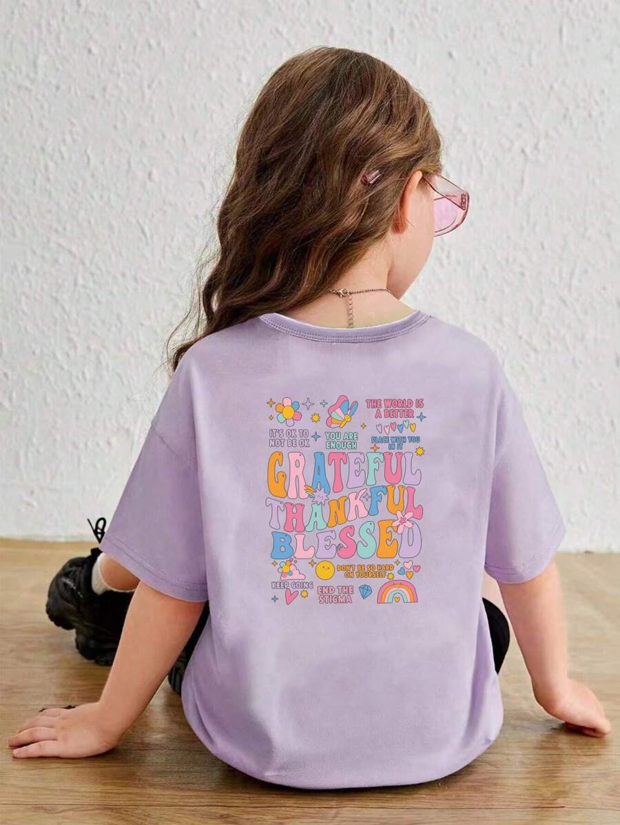 少女們可愛的休閒印花短袖t恤,有卡通和標語印花 - 淡紫色 - 查看 1