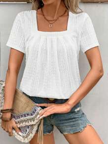 SHEIN LUNE Women's Casual White Jacquard T-Shirt - White - View 1