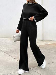EURMUSE Casual Hand Sticth Contrast Color Hem Detailed Sweater & Sweater Pants Co-Ords - Black - View 2