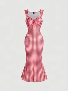 SHEIN MOD Robe d'été à volants à carreaux rouges et blancs, style vintage pour pique-nique, robe Bridgerton, robe de fête, robe confortable - Rouge - Voir 1