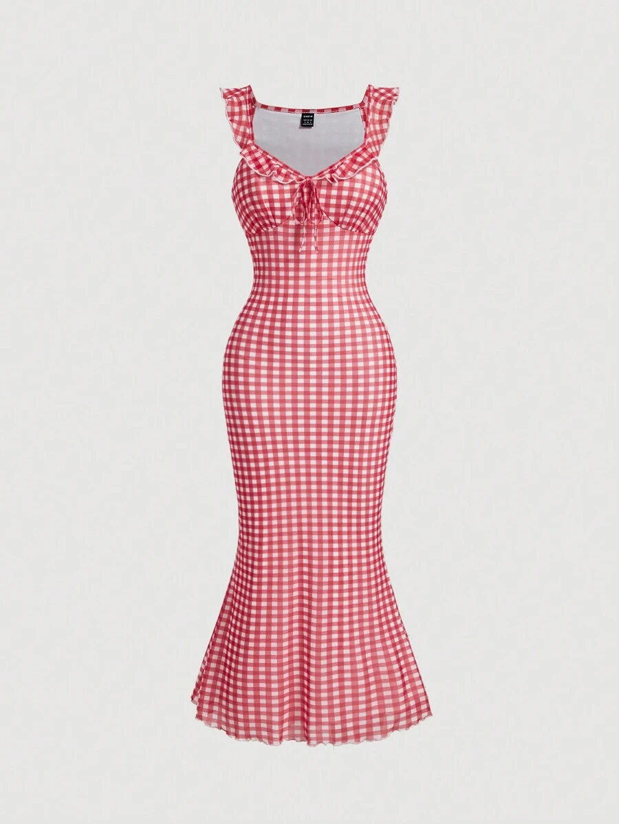 SHEIN MOD Robe d'été à volants à carreaux rouges et blancs, style vintage pour pique-nique, robe Bridgerton, robe de fête, robe confortable - Rouge - Voir 1