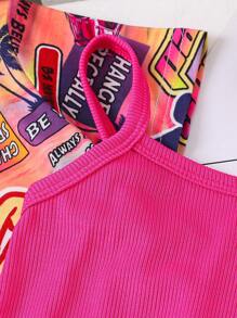 Infant Girls' Cool And Summer Outfit, 2pcs/Set Consisting Of Digital Print Short Knit T-Shirt And Simple Lightweight Pink Romper With Race Car Coconut Tree Sunset Theme - Hot Pink - View 5