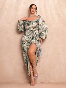 SHEIN BAE Vestido suelto de satén con escote cuadrado, mangas abullonadas, manga larga y abertura lateral en la pierna con patrón floral, talla grande