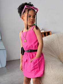SHEIN Young Girls Solid Color Thick Shoulder Strap Vest And Belted Skirt, Summer Casual 2pcs Outfit