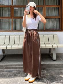 DAZY Ladies' Casual Side Striped Printed Drawstring Waist Pants With Pockets - Brown - View 5