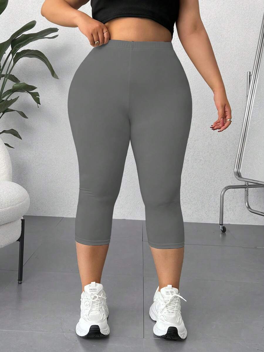 CovetEZ Plus-Size Women's Solid Color 3/4 Length Basic Leggings - Dark Grey - View 1