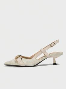 Damen Vintage Blumen Design High Heel Pumps mit Ketten Dekoration, spitzer Zehenbereich, Stilettoabsätze, Kleiderschuhe mit Knöchelriemen und eleganter weiß/beiger Farbe, geeignet für Frühling, Herbst, Outdoor, Alltag und Partys, elegant, Partyoutfits, Kitten Heels - Beige - Übersicht 6