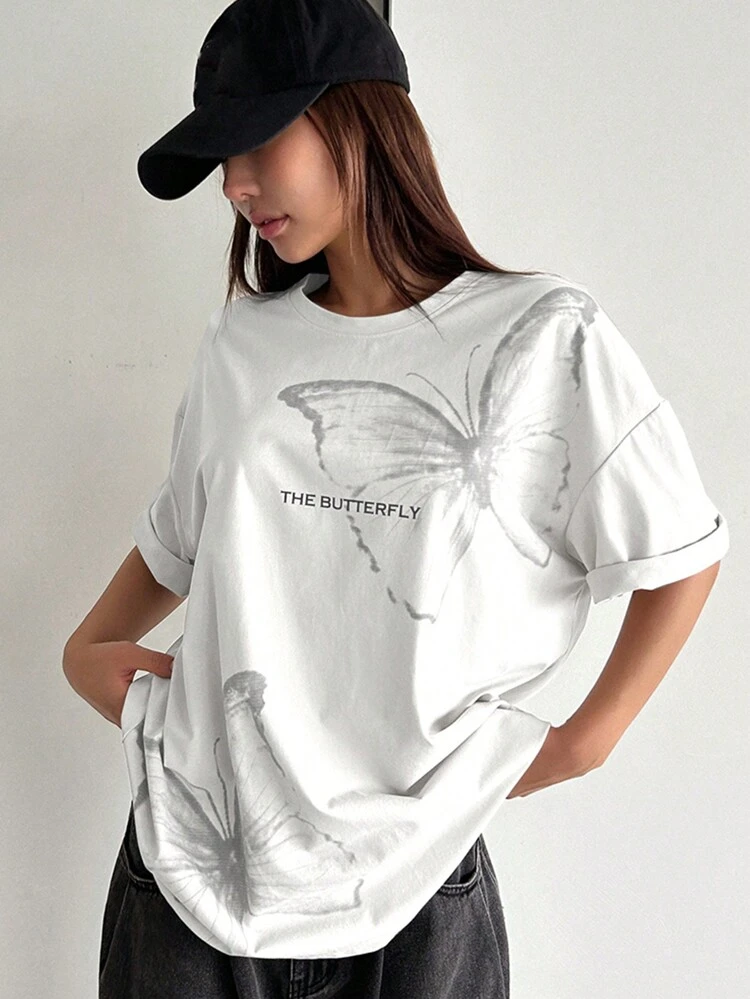 Women's Summer Loose Fit Casual T-Shirt With Letter & Butterfly Prints, Round Neck And Drop Shoulder Sleeve THE BUTTERFLY Oversized T-Shirt,Graphic Tees