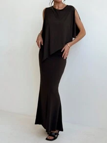 Aloruh 优雅不对称下摆圆领衬衫和修身鱼尾裙套装 - 咖啡棕 - 查看 6