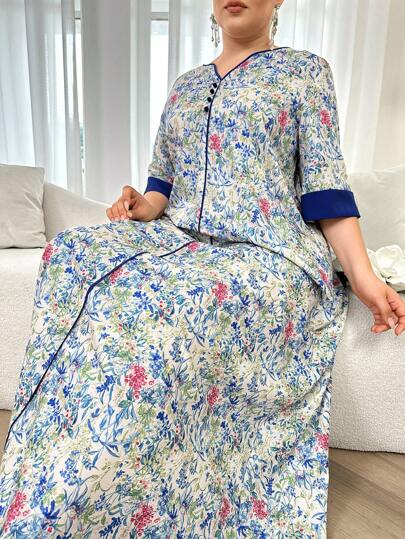 Al Najma 大码随机花卉印花休闲日常搭配阿拉伯朴素连衣裙，超长家居服 Jalabiya 朴素连衣裙，适合春夏时尚