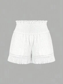 Celure Shorts de talla grande para verano, unicolor casual con bordado perforado y borlas en el dobladillo