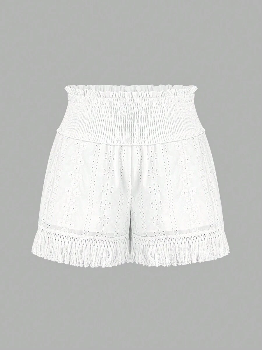 SHEIN Unity Plus Size Summer Casual Solid Color Hollow Out Embroidery Fringed Hem Shorts - White - View 1