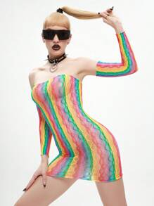 彩虹條紋鏤空抹胸緊身連衣裙和袖套 - 彩色 - 查看 1