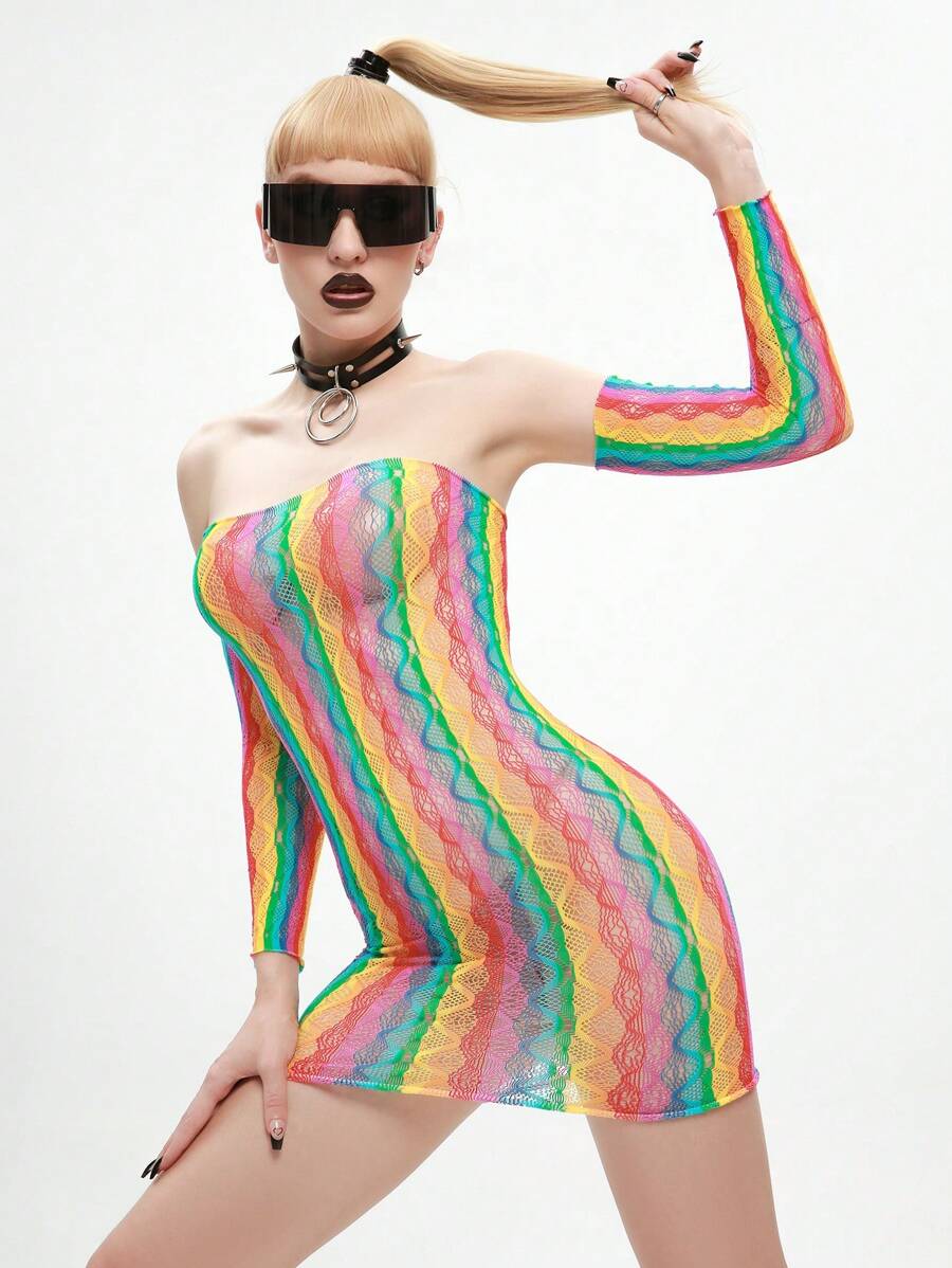 彩虹條紋鏤空抹胸緊身連衣裙和袖套 - 彩色 - 查看 1