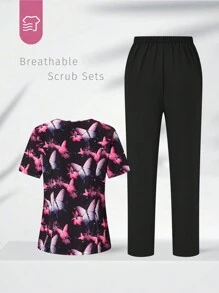 TaskEZ Women's Short Sleeve Printed Top & Solid Color Pants Uniform Set,Butterfly Pattern Scrub Set - Multicolor - View 2